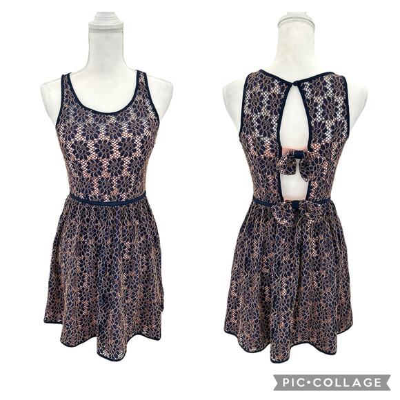 Minuet Dresses & Skirts - Minuet Deep Blue Pink Midi Bow Detail Lace Embroidered Dress Size Small Wedding